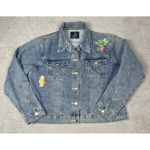 Crest Vintage Womens Jean Jacket with Bird Seahorse Floral Embroidery Size 1X